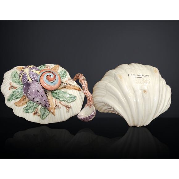 Fitz and Floyd Oceana Collection Sugar Bowl with Lid and Spoon Nautical Shells - Picture 3 of 9